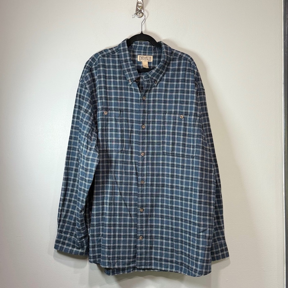 Duluth Trading Co Mens 3XL Blue Plaid Long Sleeve Button Down Cotton Shirt 52007